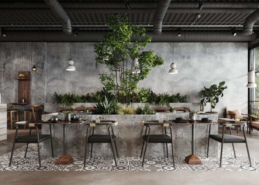 Thiết kế quán cafe phong cách Industrial - Nhiệt đới 